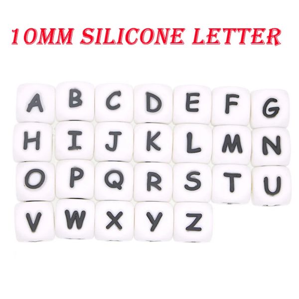 Al por mayor 10 mm 50/100pcs Alphabet Silicone Letters Beads para hacer accesorios de cadena de chupete personalizados juguete para bebés