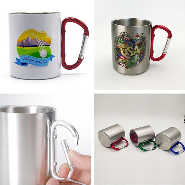 ¡Venta al por mayor! Tazas con asa de mosquetón para sublimación de 10oz, tazas recubiertas de plata blanca para sublimación, botellas de agua de acero inoxidable para exteriores A12