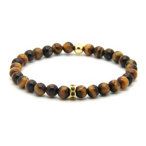 Groothandel 10 stks / partij 6mm Grade Natural Tiger Eye Stone met Micro verharde Black Zircons Spacer CZ Wiel Armbanden