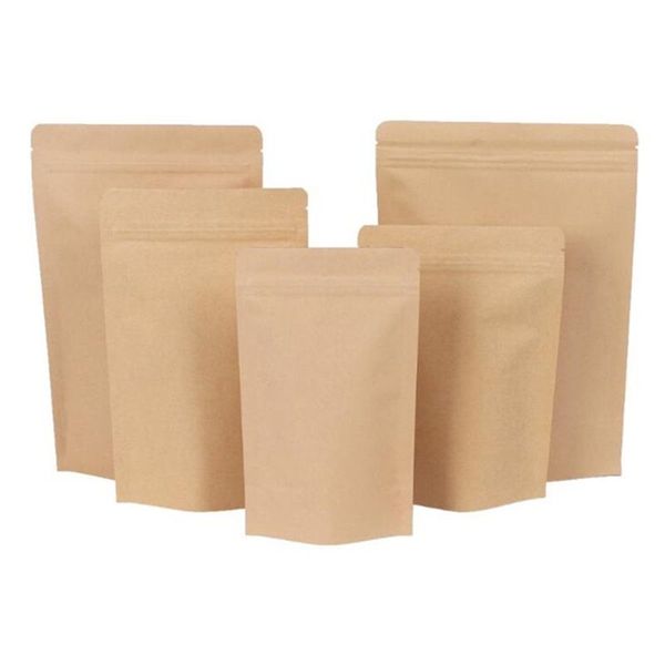 wholesale 11 tamaños Bolsas de papel kraft marrón Bolsas de pie con cierre térmico Bolsa con cremallera resellable Lámina interior Bolsa de embalaje para almacenamiento de alimentos con lágrima Notc 4 L2