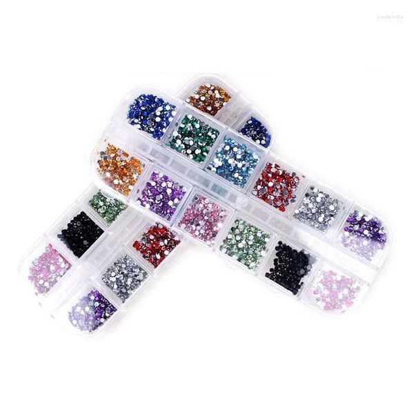 Venta al por mayor-12 Color Mix Nail Art Rhinestones 2 mm Strass Decoración Forma redonda Diseños Todo para uñas Encantos Suministros de joyería Profesional Pru