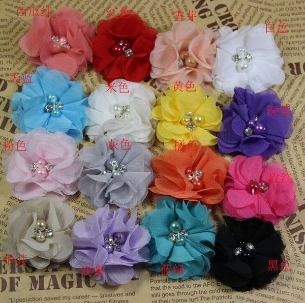 Venta al por mayor-12 colores Mini flores de gasa con centro de perlas de diamantes de imitación para pinzas para el cabello Flor de encaje para accesorios para el cabello de bebé