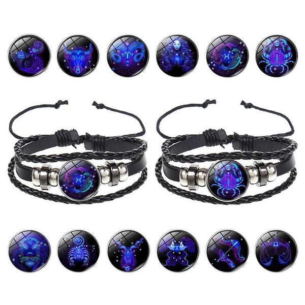 En gros 12 Lumineux Constellation Charme En Cuir Noir Tressé Amitié Corde Noeud Bracelets pour Hommes Femmes Designer Bracelet Bijoux