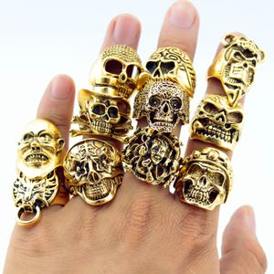 Groothandel - 12 Stuk / partij Groothandel Mix Grote Sieraden Goudplaat Top Kwaliteit Boheemse Verklaring Punk Ring voor Mannen Gratis Verzending