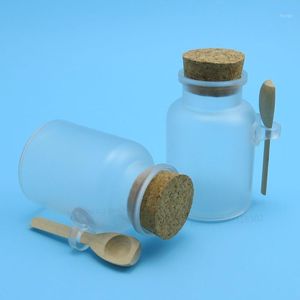Botellas de embalaje al por mayor- 12 x 200 g ABS Botella de sal de baño 200 ml de plástico con tarro de corcho Cuchara de madera1
