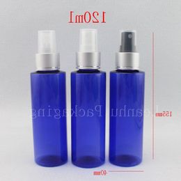 wholesale Botellas de perfume de plástico azul de 120 ml con rociador Boquilla de rociado de aluminio de 120 cc Bomba de niebla fina Botellas cosméticas Contenedores Xwsha