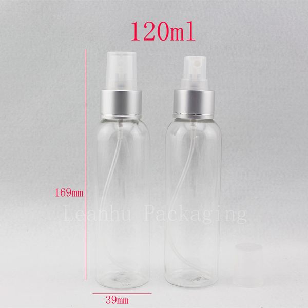 Venta al por mayor, botella de spray de plástico cosmética redonda transparente de 120 ml, boquilla de pulverización de aluminio de 120 cc, contenedores de botellas de bomba de niebla fina