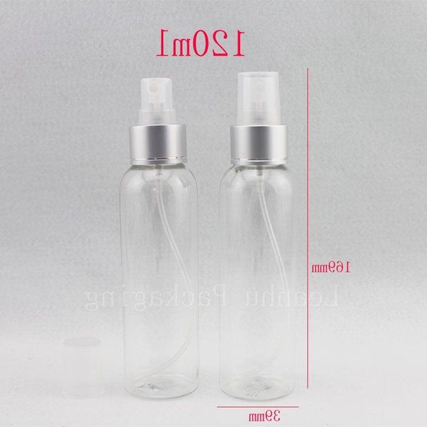 Venta al por mayor 120 ml botella de spray de plástico cosmético redondo transparente 120 cc boquilla de pulverización de aluminio botella de bomba de niebla fina contenedores Nqgsl