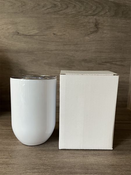 wholesale Sublimación de 12 oz RECTO Vaso de vino Tazas de acero inoxidable en blanco con tapa blanca Botella de vacío con aislamiento de doble pared En forma de huevo DIY Agua Leche Tazas de café