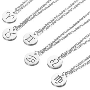 wholesale 12pcs / Lot Or 12 Constellations En Acier Inoxydable Pièce Pendentif Collier Bélier Style Simple Signe Du Zodiaque Bijoux D'anniversaire