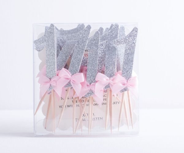 Venta al por mayor- 12 Unids / lote Oro brillo rosa número cupcake topper 1er cumpleaños número Cake cupcake topper Baby Shower Party Decoración suministros