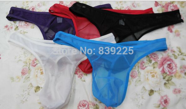 Venta al por mayor de envío libre 12 unids / lote Hombres sexy Thong Mens Tangas y cuernos G Gauze Masculino Subware Bragas 5 colores Pequeño al por mayor