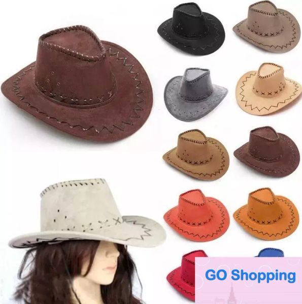 Venta al por mayor, 14 colores, sombreros de vaquero occidentales, hombres, mujeres, niños, gorras de ala, visera Retro, sombrero de caballero, sombreros de fiesta con ala de vaquera