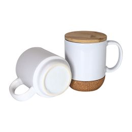 Groothandel 14oz Sublimatie Handgreep Mokken met houten bodemlid 400 ml Warmteoverdracht Keramische kopjes witte lege koffiemok voor sublimeren A12