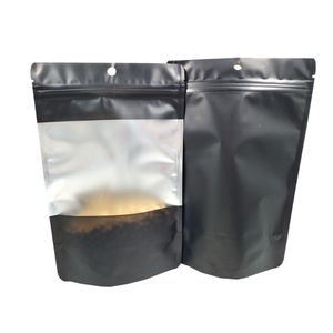 Venta al por mayor 14x21 cm Doypack Mylar Paquete de papel de aluminio Bolsa Agujero para colgar para azúcar Té Café Almacenamiento Bolsa con cremallera resellable con ventana transparente