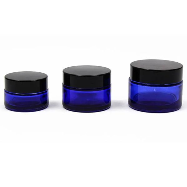 wholesale 15 30 50ML Pots en verre ronds cosmétiques bleu cobalt avec doublures intérieures et récipients à couvercles noirs pour baumes d'aromathérapie LL