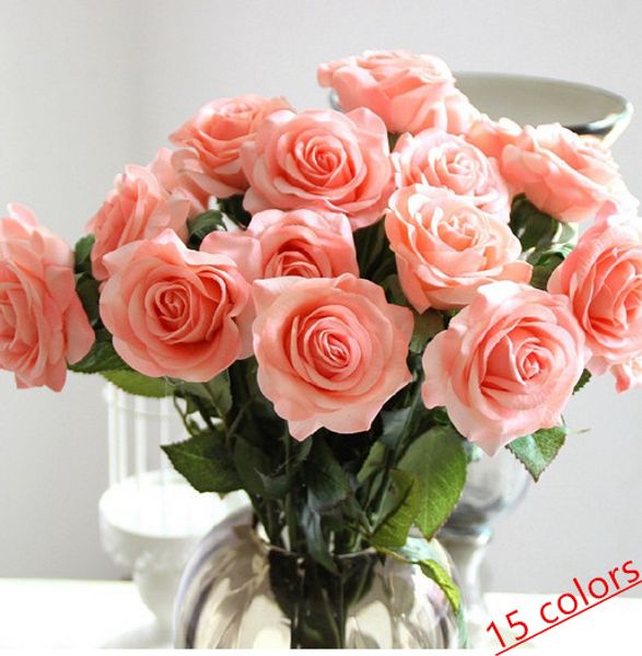 wholesale 15 couleurs Décor Rose Fleurs Artificielles Fleurs De Soie Real Touch Rose Bouquet De Mariage Home Party Design Fleurs bouquet de mariée