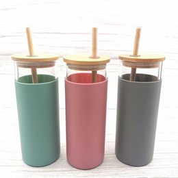 wholesale 16oz Glass Mug Tumbler Juice Cup Milk Cups with Silicone Sleeve Bamboo and Straw Enviroment-Friendly Novelty Wine Bottle Office Car Dri Bcmr