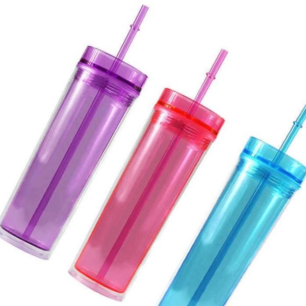 Venta al por mayor de 16 oz de plástico acrílico, vasos delgados rectos, vasos delgados, 7 colores, vasos para beber jugo de doble pared con tapas, pajitas, botellas de agua para deportes, 460 ml