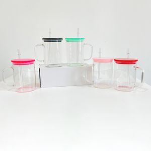 Tasses de camping en verre borosilicaté givré à haute teneur en borosilicate, vierges de 17 oz, avec couvercles et pailles en plastique PP coloré, adaptées au vinyle, vendues à la caisse, vente en gros