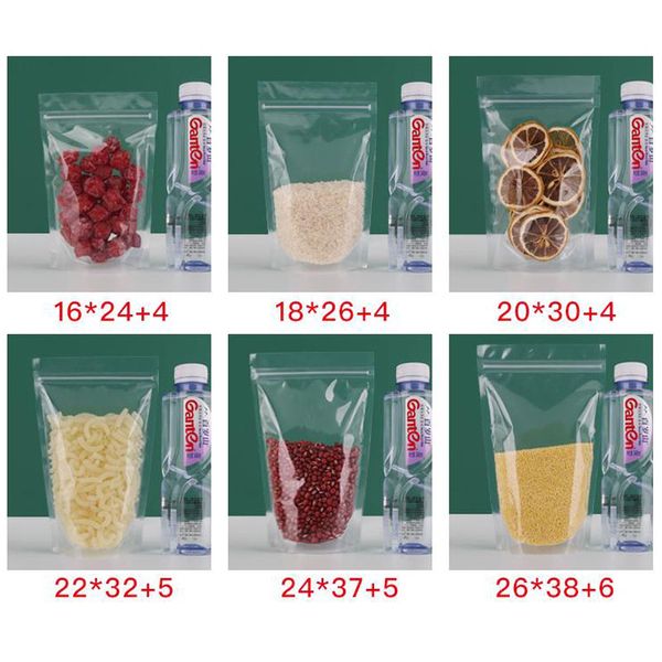 wholesale 18 * 26 20 * 30cm Stand Up Sacs d'emballage en plastique transparent pour aliments Café Noix Stockage de sucre Sac d'emballage refermable à fermeture à glissière 22 * 32 24 * 37 26 * 38cm100pcs / lot