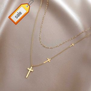 Groothandel 18k verguld roestvrij staal dubbele kruis hanger ketting sleutelbeenketting damesmode-sieraden