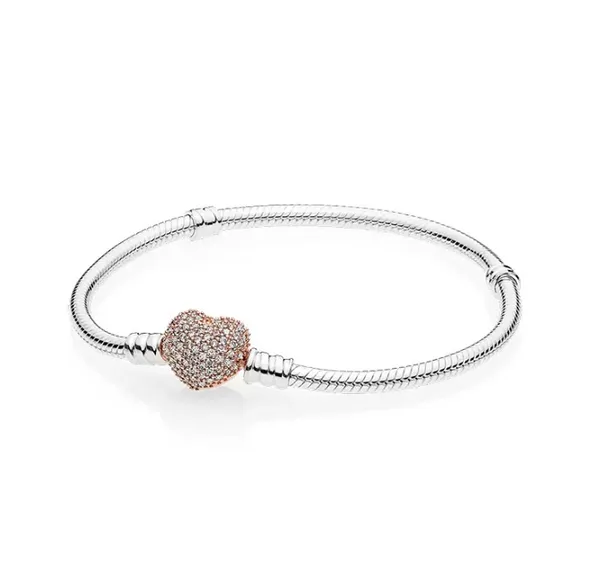 Venta al por mayor de oro rosa de 18 quilates con pavé de diamantes, pulsera con cierre de corazón, plata de ley 925, regalo de boda para mujer, conjunto de pulsera con dijes