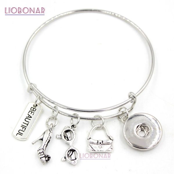 Venta al por mayor, joyería a presión de 18mm, brazalete de alambre extensible, zapatos de tacón alto para mujer, bolso, pulseras con botón a presión para mujer, regalos para mujer