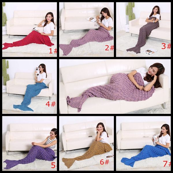 Venta al por mayor 195x90cm Lujetado Knitting Manta Noble Sirena Tail Manta Super Soft Mano de ganchillo Sofá Sofá CALIENTE Manta Aire acondicionado Manta