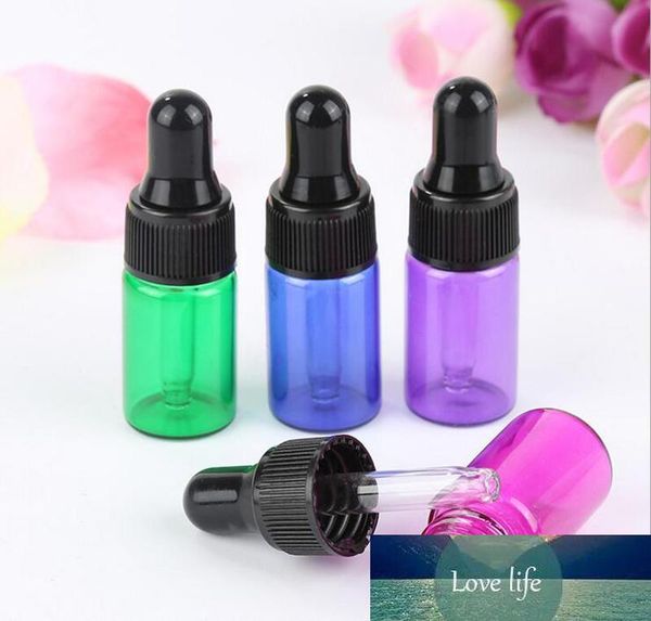 Vente en gros de 1 ml 2 ml 3ml de 5 ml de mini flacons en verre avec gouttes de gouttes de verre pur petit bleu / vert / violet bouteilles gouttes gouttes d'huiles livraison gratuite