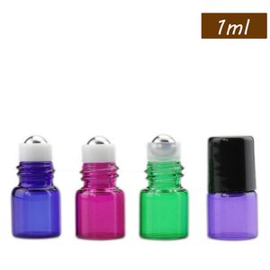 Bouteilles à roulettes en métal de 1ml, pour huiles essentielles, Mini bouteilles en verre coloré avec couvercle noir, vente en gros