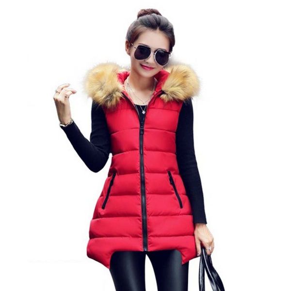 Venta al por mayor-1PC 2015 Invierno Chaleco largo Mujeres Colete Feminino Faux Fur Con capucha Algodón Acolchado Prendas de abrigo Veste Femme AA0021