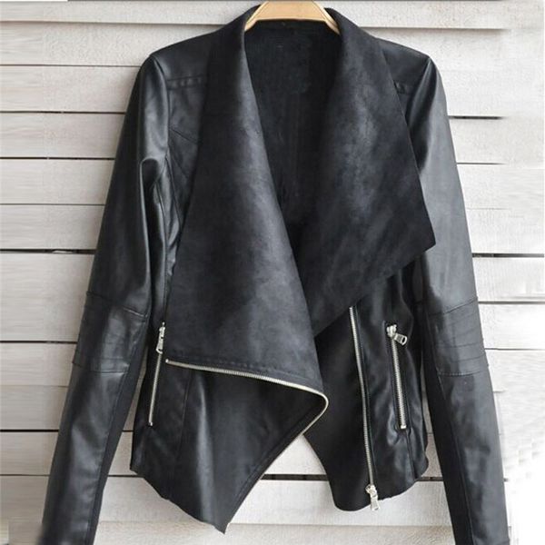 Vente en gros - 1PC Mode Vintage irrégulier grand revers à manches longues en cuir pu veste Femmes Biker Moto En Cuir Oblique Zipper Jacket Co