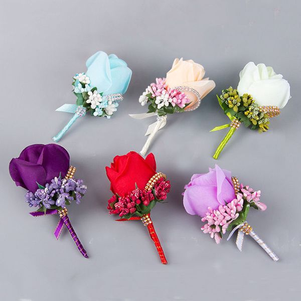 Venta al por mayor- 1 UNIDS Marfil Rojo Mejor hombre ramillete para el novio padrino de boda flor rosa de seda Traje de boda Boutonnieres accesorios pin broche decoración