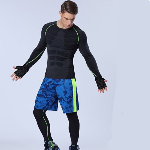 Venta al por mayor-1set = tops + pants + shorts / Hombres de compresión de secado rápido transpirable Deportes Long Johns Suit Fitness T-shirts Body Shapers