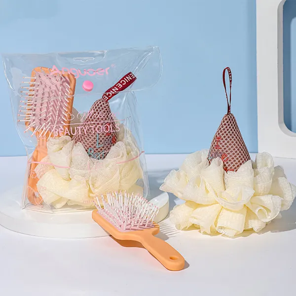 Venta al por mayor, 2 paquetes de herramientas de baño, conjunto de esponja de ducha con forma de helado, flor y peine, Bola de baño de limpieza corporal