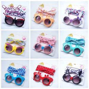 En gros 20 couleur Enfants Bébé Filles Lunettes De Soleil Bande De Cheveux Ensemble Anti-UV Dessin Animé Lunettes Noeud Arc Bandeau Photo Props Cadeaux