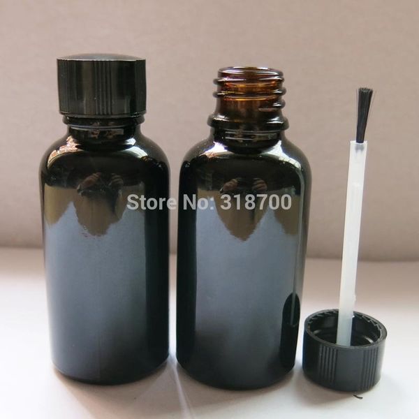 Al por mayor-20/lote 30 ml botella de esmalte de uñas vacía pintada de negro, botella de vidrio de vidrio negro de 30 cc con tapa de cepillo