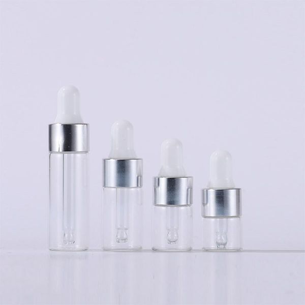 Flacons compte-gouttes en verre transparent, 1ml, 2ml, 3ml, 5ml, Mini flacons d'huile essentielle avec bouchons or et argent, vente en gros, 2000 pièces/lot