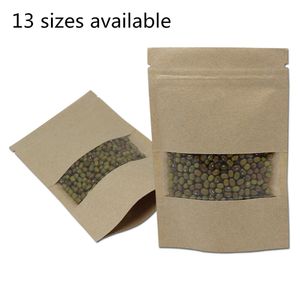 Bolsa de papel Kraft marrón Paquete con cremallera Doypack Aperitivos para fiestas Bolsas de almacenamiento de té y café Bolsas de embalaje de pie con ventana de plástico transparente