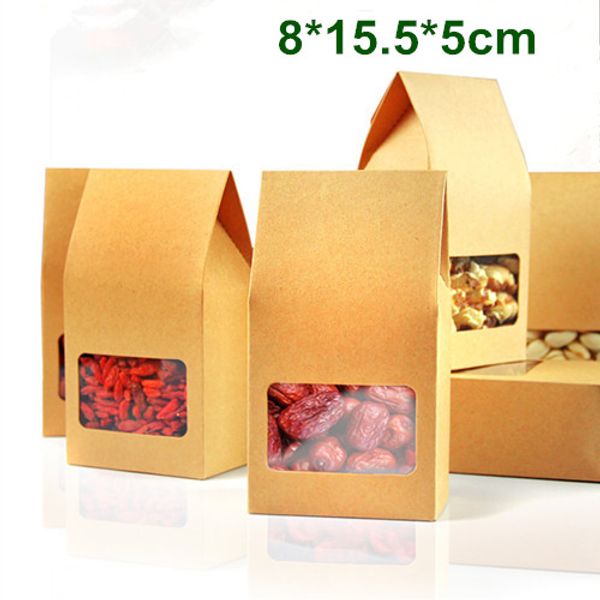 Venta al por mayor 200 unids/lote 8*15,5*5 cm caja de papel Kraft con ventana transparente embalaje de regalo DIY almacenamiento de alimentos embalaje bolsa de Oragan para aperitivos galletas nueces