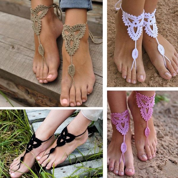 Wholesale-2015 Nouvelle paire 2 paires ornées Barefoot Sandals Beach Wedding Bridal Knit Anklet Foot Chain # 81096 215D