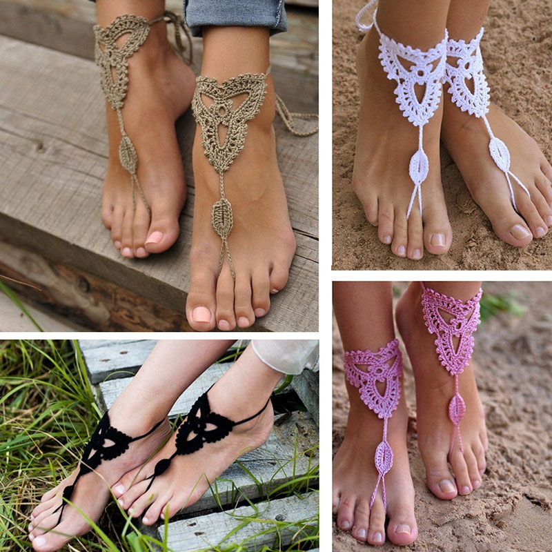 Venta al por mayor-2015 nuevo 2 pares adornados sandalias descalzas playa boda nupcial tejido tobillera cadena de pie #81096