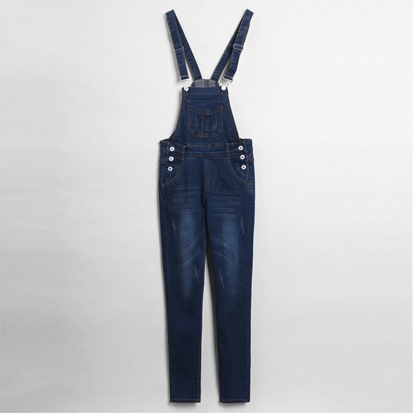 Al por mayor-2015 Nuevo estilo europeo de gran tamaño mujer tirantes pantalones vaqueros pantalones babero femenino denim mameluco mono mono pantalones largos