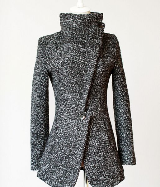 Vente en gros-2015 New Winter Women Clothing One Button Lapel Plus Size Woolen Coat Trench Grey