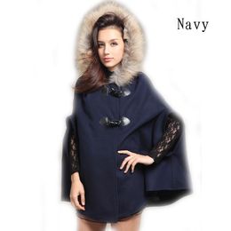 Groothandel-2015 Winter Nieuwe Womens Hooded Poncho Cape Coat Half Mouw Batwing Warm Faux Bont Sjaal Faux Wollen Jas Casaco Feminino Hot Sale