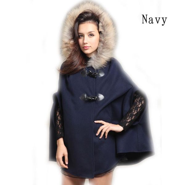 Vente en gros-2015 hiver nouvelles femmes à capuche Poncho Cape manteau demi manches chauve-souris chaud fausse fourrure châle fausse laine veste Casaco Feminino vente chaude