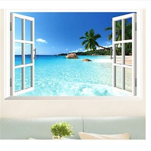 Fonds d'écran en gros-2021 60 * 90 cm 3D fenêtre PVC amovible classique bleu plage papier peint décoratif DP1281