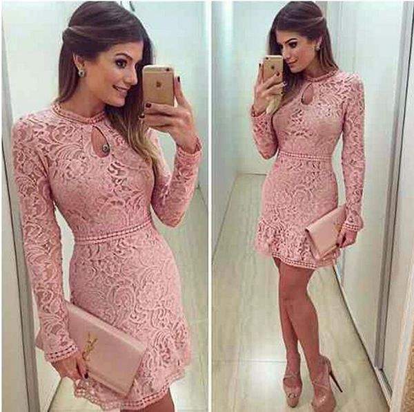 En gros - 2016 Fashion Fashion occasionnel Femmes Sexy Robes Soirée Night Night Robe Robe à manches longues Robe de dentelle rose Brasil Vestidos de Festa