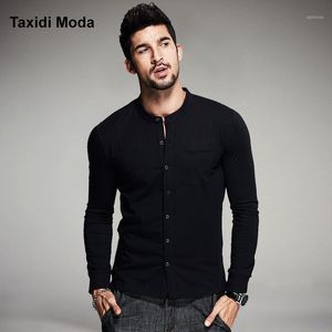 T-shirts T-shirts Wholesale- 2021 Herfst Mens Mode T-shirts Button Black Merk Kleding Lange Mouw Man's Collar Cardigan Tops Tees Plu